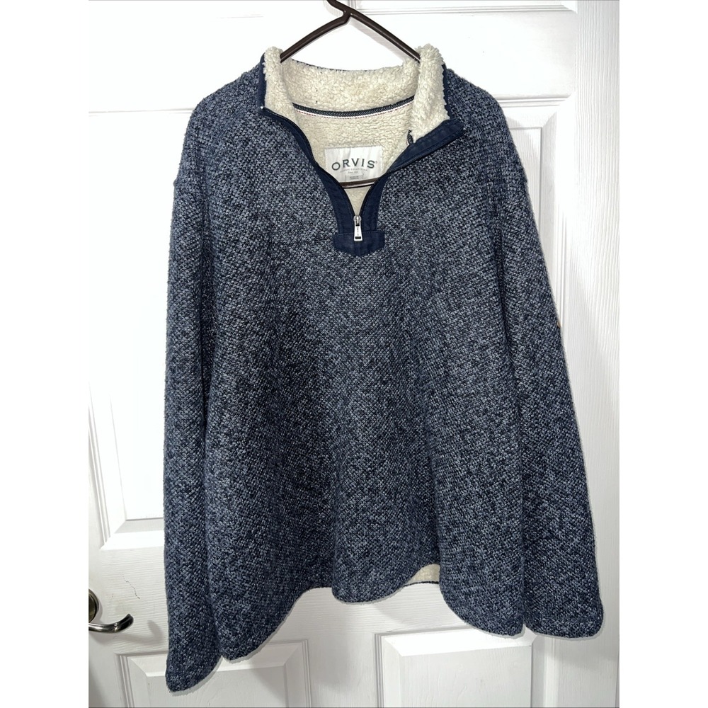 Orvis Classic Collection Men's Large Sherpa Lined 1/4 Zip Sweater Fleece Navy